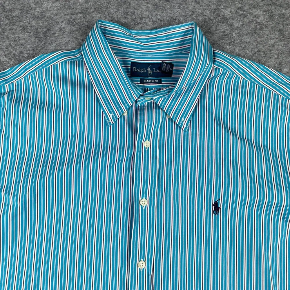 Ralph Lauren Shirt Mens XXL Teal Stripe Classic Fit Long Sleeve Preppy 90s